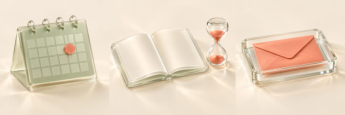 候補日を変えるカレンダー、考える時間を表すノートと砂時計、やり取りを閉じる封筒の三場面