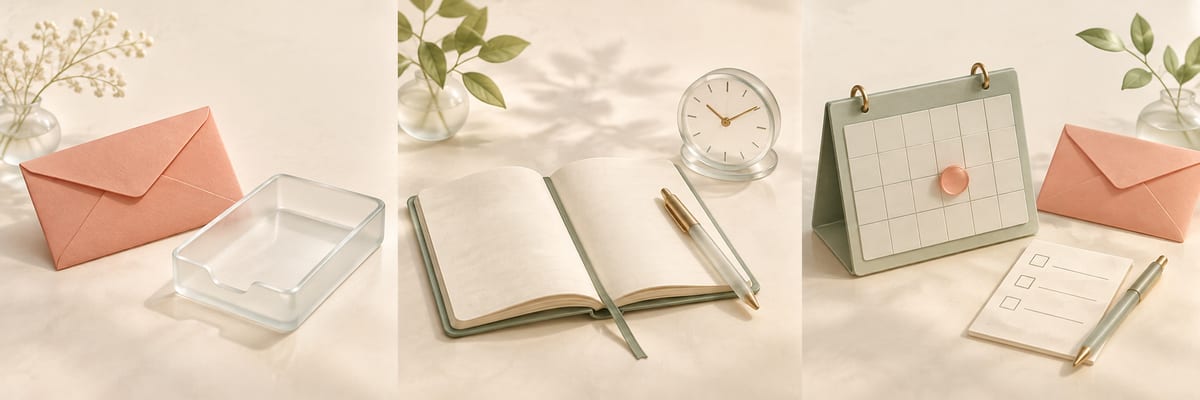 未返信の封筒、確認中のノートと時計、承諾済みの予定と確認リストを左から並べた三場面のイラスト
